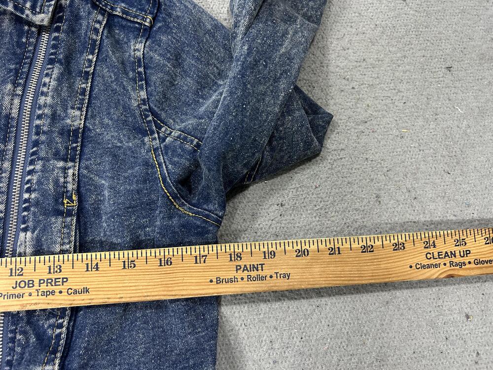 Y2K Forever 21 Jacket Womens XS Blue Acid Wash Cropped Denim Moto Asymmetrical - Picture 10 of 13